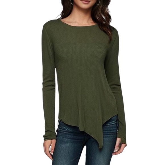 Madewell Green Asymmetrical Hem Top Ribbed Long Sleeve  Bohemian Versatile Small - Picture 1 of 15